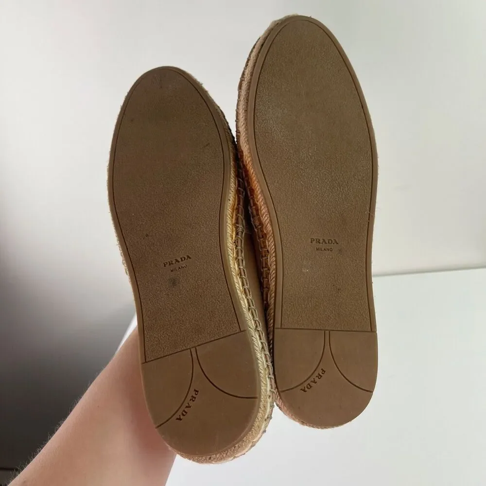 PRADA Light Brown Beige Leather Bows Trim Espadrilles Shoes Women’s 39.5 CLASSIC